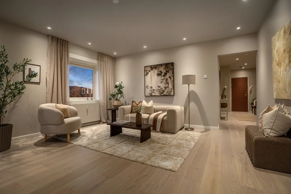 Completed Marienlyst living room with new finishes and an open connection to the kitchen